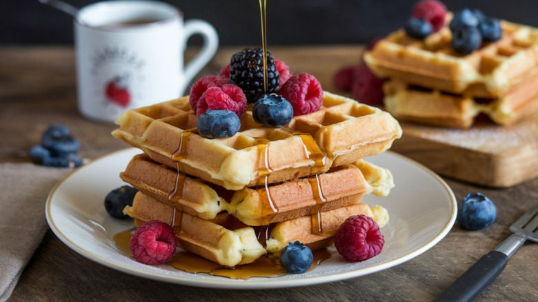 syrup being drizzled onto square waffles with berries